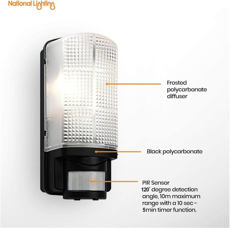 Picture of National Lighting Motion Outdoor Lights Mains Powered - PIR Lights Outdoor - Bulkhead Wall Lights with Motion Sensor - IP44 Rated Security Lights - Black Finish - E27 LED Compatible 