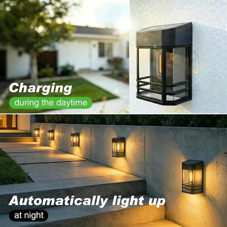 Picture of  Solar Fence Lights Outdoor Garden, 2 Packs LED Retro Solar Wall Lights Outdoor Waterproof, Auto On/Off Fence Lights Solar Powered for Patio Decking Gate Yard Stair Decoration(Warm White) 