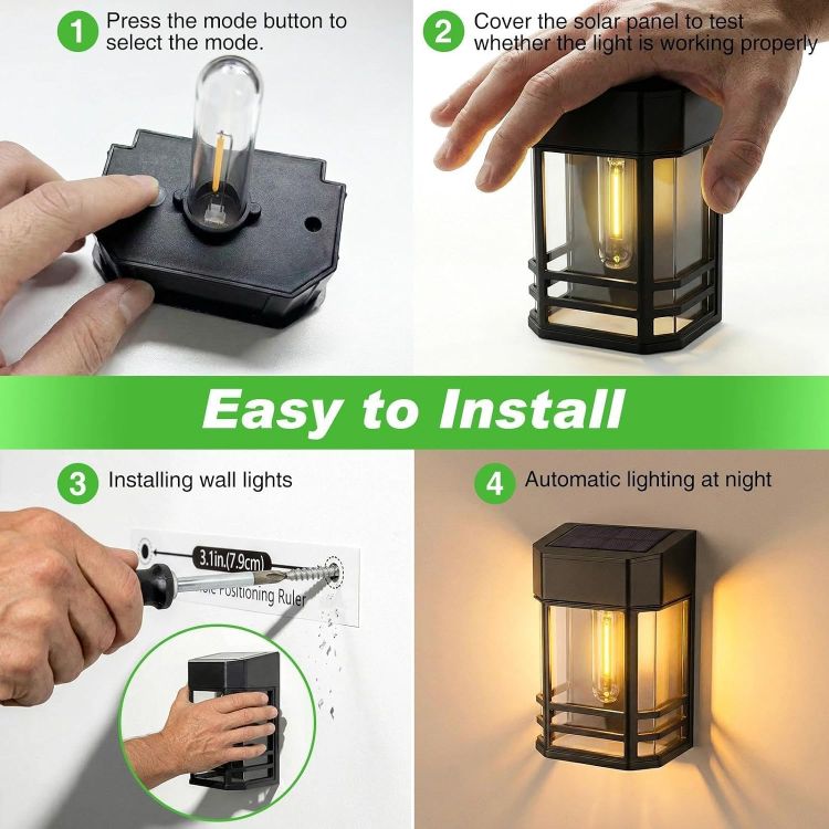 Picture of  Solar Fence Lights Outdoor Garden, 2 Packs LED Retro Solar Wall Lights Outdoor Waterproof, Auto On/Off Fence Lights Solar Powered for Patio Decking Gate Yard Stair Decoration(Warm White) 
