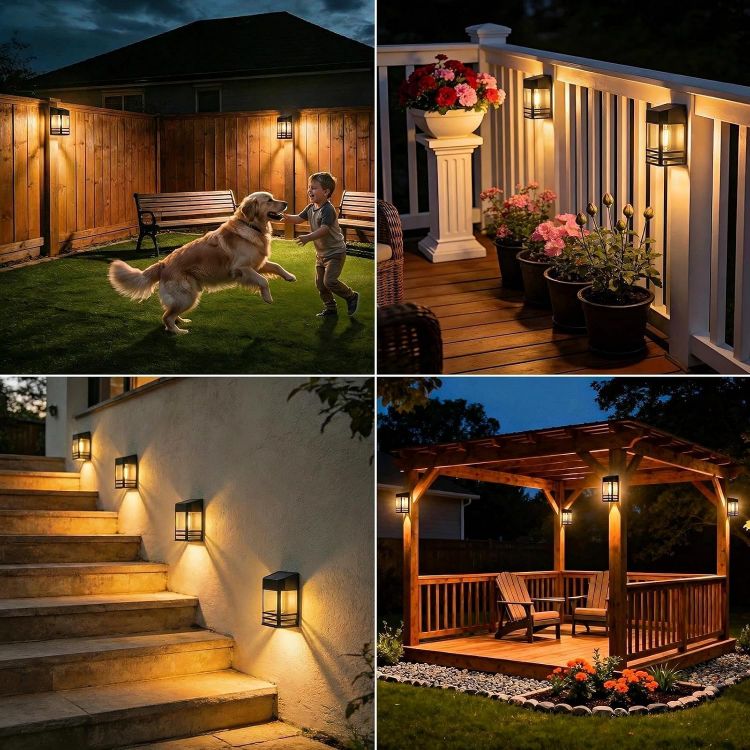 Picture of  Solar Fence Lights Outdoor Garden, 2 Packs LED Retro Solar Wall Lights Outdoor Waterproof, Auto On/Off Fence Lights Solar Powered for Patio Decking Gate Yard Stair Decoration(Warm White) 