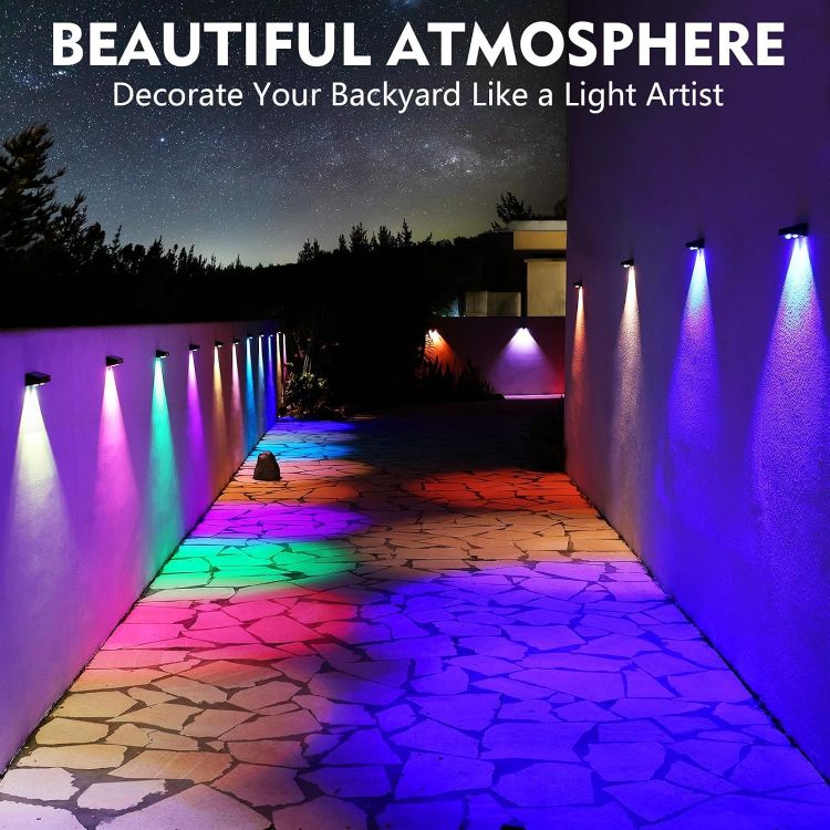 Picture of Solar Fence Lights 4 Pack 9 Colors&11 Modes Solar Lights Outdoor Garden Waterproof RGB Solar Wall Lights for Backyard,Step Railing,Pathway,Patio,Garden,Fence Decoration