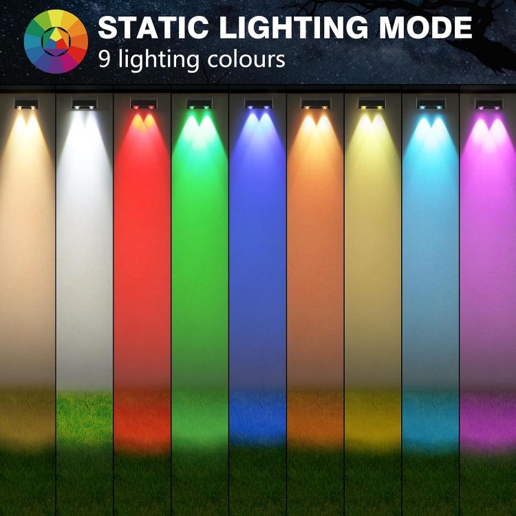 Picture of Solar Fence Lights 4 Pack 9 Colors&11 Modes Solar Lights Outdoor Garden Waterproof RGB Solar Wall Lights for Backyard,Step Railing,Pathway,Patio,Garden,Fence Decoration