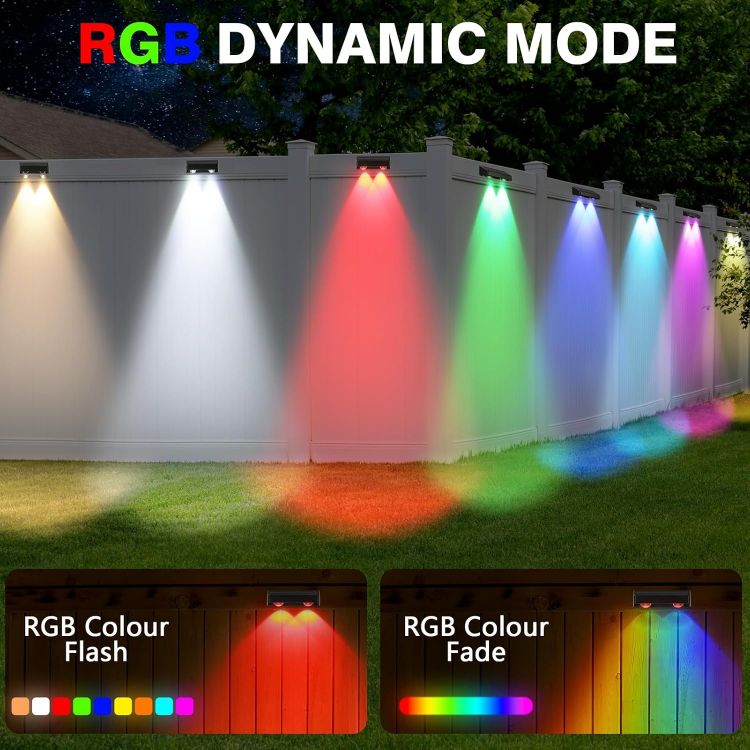 Picture of Solar Fence Lights 4 Pack 9 Colors&11 Modes Solar Lights Outdoor Garden Waterproof RGB Solar Wall Lights for Backyard,Step Railing,Pathway,Patio,Garden,Fence Decoration