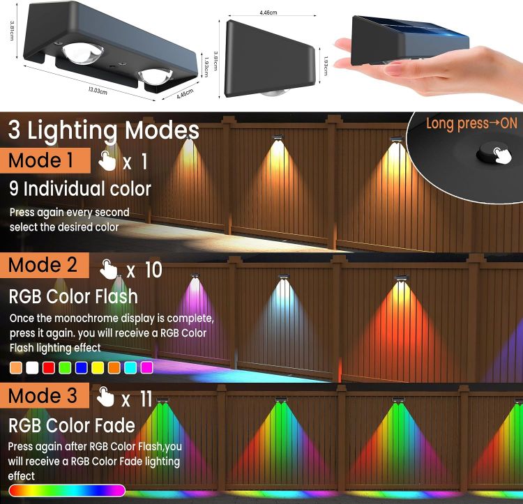 Picture of Solar Fence Lights 4 Pack 9 Colors&11 Modes Solar Lights Outdoor Garden Waterproof RGB Solar Wall Lights for Backyard,Step Railing,Pathway,Patio,Garden,Fence Decoration