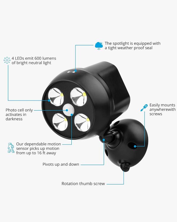 Picture of Battery Powered Outdoor Security Lights, 2 Pack, PIR Motion Sensor Cover 2 Outdoor Areas at Once, 120° Detection Angle, Up to 5 m Range, No-Wiring Installation, 20-Second Auto Shut-Off