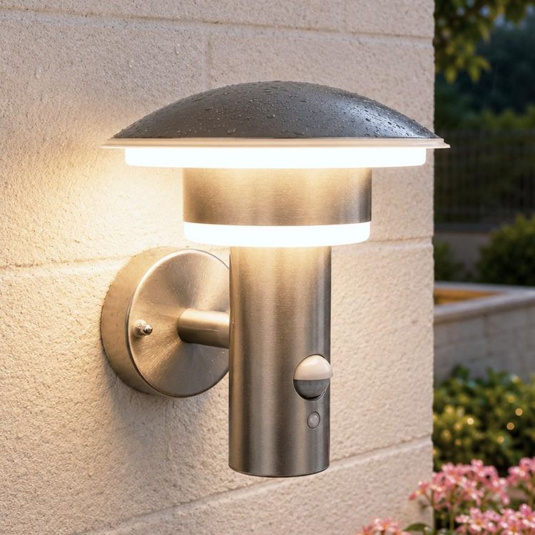 Picture of Lighting 9W LED Outdoor Light with Motion Sensor,4 Modes,Silver  SUS316 Stainless Steel, IP54 Waterproof, PIR Wall Light for Porch Garage Patio Front Door, 3000K 1000LM, 230V Mains Powered