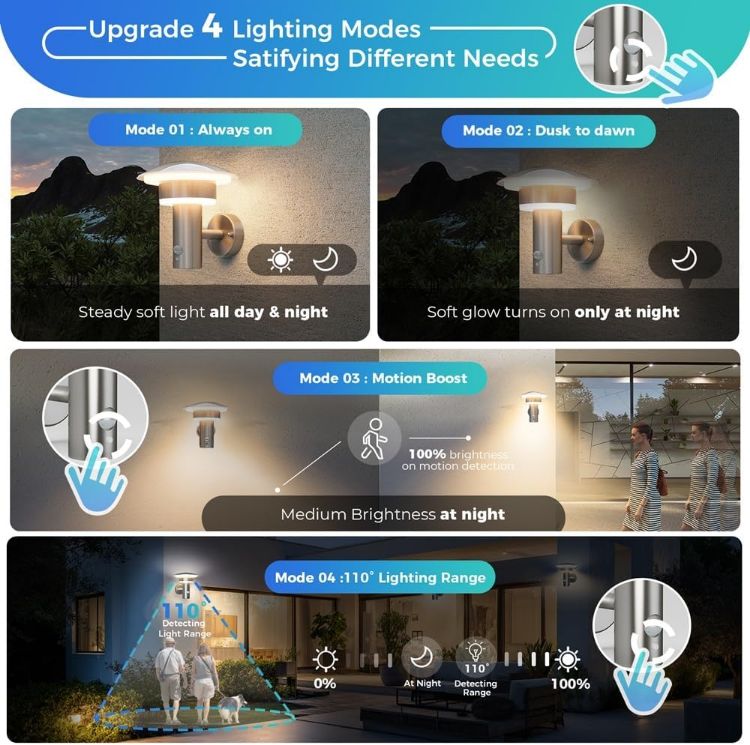 Picture of Lighting 9W LED Outdoor Light with Motion Sensor,4 Modes,Silver  SUS316 Stainless Steel, IP54 Waterproof, PIR Wall Light for Porch Garage Patio Front Door, 3000K 1000LM, 230V Mains Powered