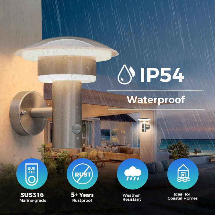 Picture of Lighting 9W LED Outdoor Light with Motion Sensor,4 Modes,Silver  SUS316 Stainless Steel, IP54 Waterproof, PIR Wall Light for Porch Garage Patio Front Door, 3000K 1000LM, 230V Mains Powered