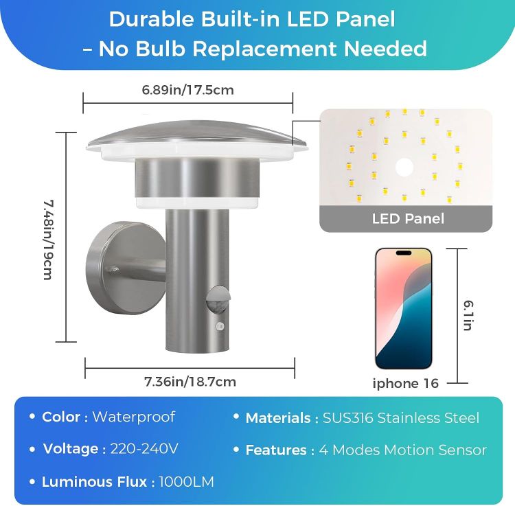 Picture of Lighting 9W LED Outdoor Light with Motion Sensor,4 Modes,Silver  SUS316 Stainless Steel, IP54 Waterproof, PIR Wall Light for Porch Garage Patio Front Door, 3000K 1000LM, 230V Mains Powered