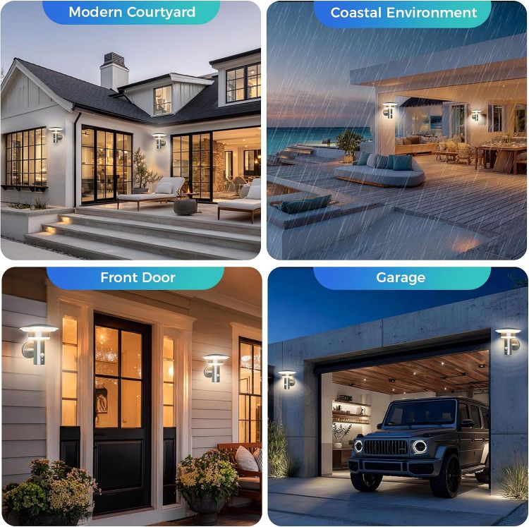 Picture of Lighting 9W LED Outdoor Light with Motion Sensor,4 Modes,Silver  SUS316 Stainless Steel, IP54 Waterproof, PIR Wall Light for Porch Garage Patio Front Door, 3000K 1000LM, 230V Mains Powered