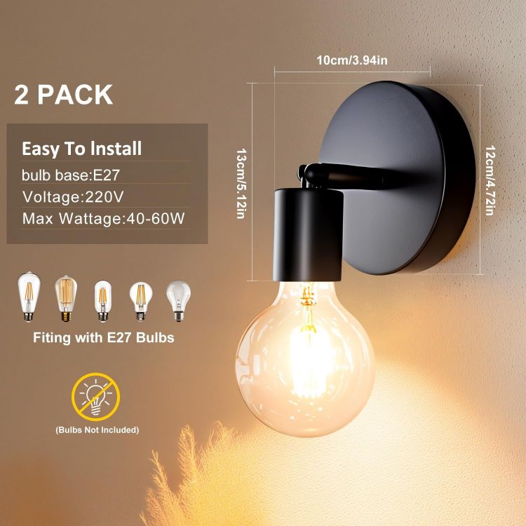 Picture of Wall Sconces 2 Pack, Black Wall Lights Industrial Up and Down, Indoor E27 Metal Vintage Wall Lamp Fixtures for Bedroom, Living Room, Kitchen, Hallway, Restaurant, Bar (Not Included Bulb) 