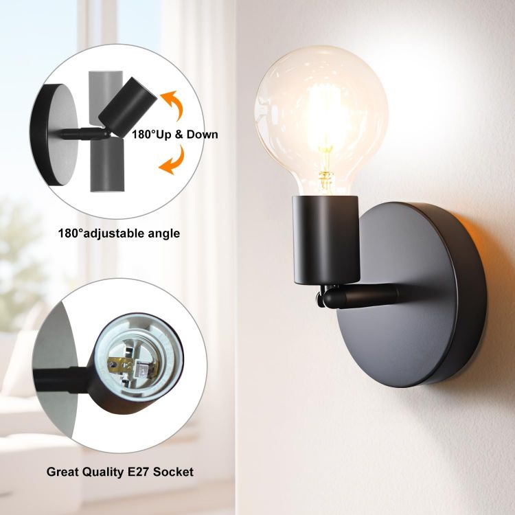 Picture of Wall Sconces 2 Pack, Black Wall Lights Industrial Up and Down, Indoor E27 Metal Vintage Wall Lamp Fixtures for Bedroom, Living Room, Kitchen, Hallway, Restaurant, Bar (Not Included Bulb) 