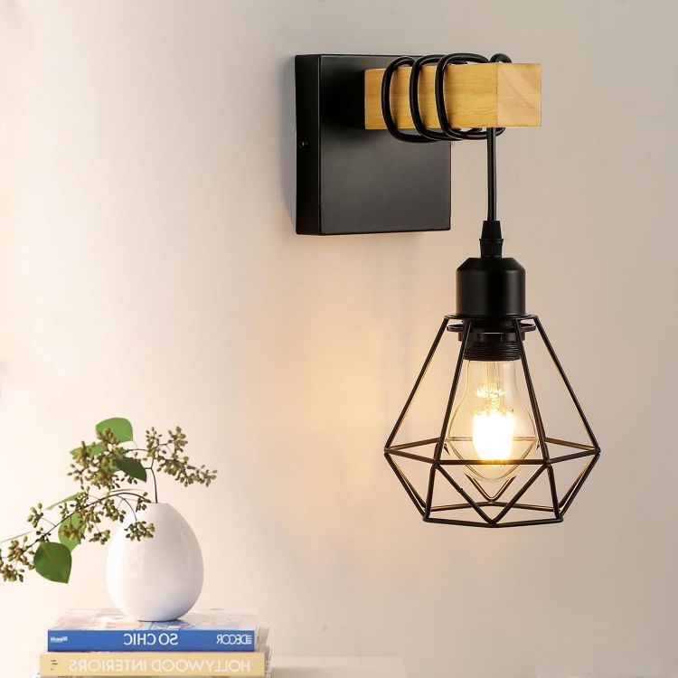 Picture of Wall Lights Indoor, Vintage Wood Lamp Black Brown, E27 Sconce Lights, Industrial Wall Mounted Lights Fittings, Rustic Lighting Fixtures for Living Room Bedrooms Hallway Stair 