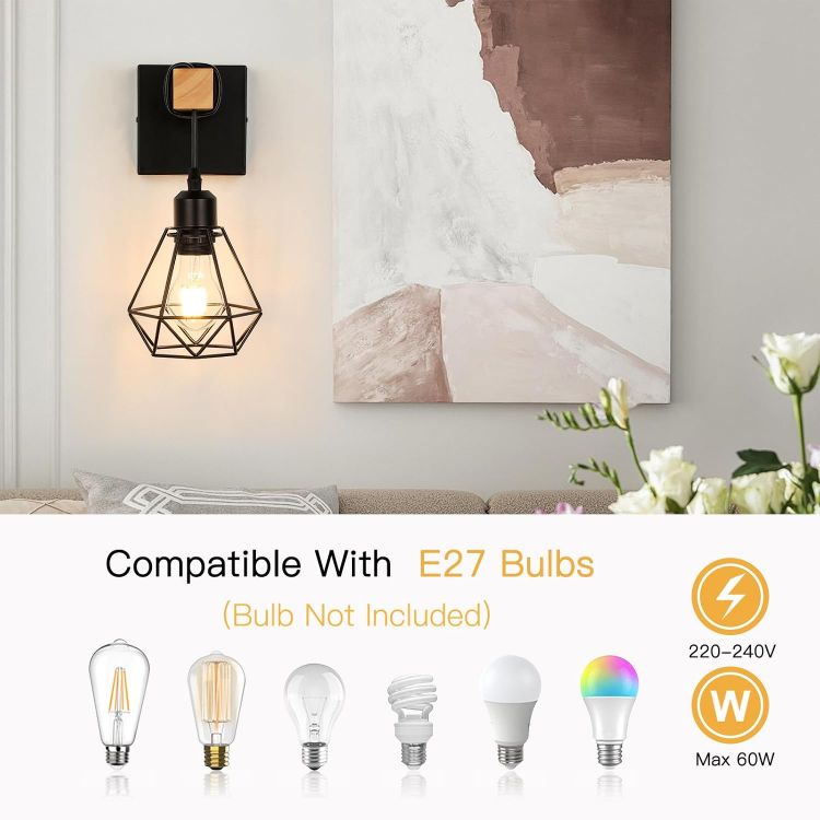 Picture of Wall Lights Indoor, Vintage Wood Lamp Black Brown, E27 Sconce Lights, Industrial Wall Mounted Lights Fittings, Rustic Lighting Fixtures for Living Room Bedrooms Hallway Stair 