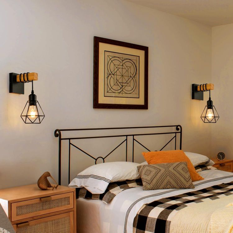 Picture of Wall Lights Indoor, Vintage Wood Lamp Black Brown, E27 Sconce Lights, Industrial Wall Mounted Lights Fittings, Rustic Lighting Fixtures for Living Room Bedrooms Hallway Stair 