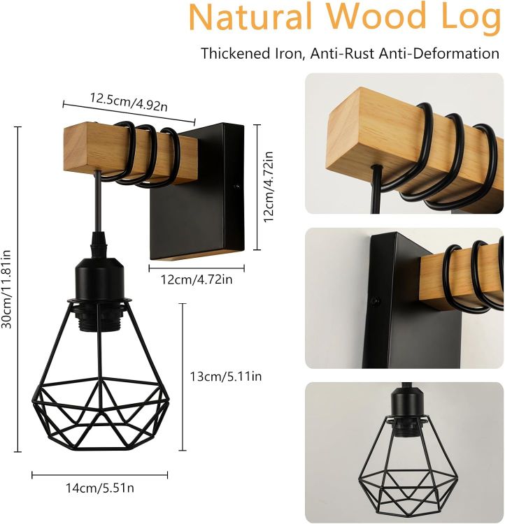 Picture of Wall Lights Indoor, Vintage Wood Lamp Black Brown, E27 Sconce Lights, Industrial Wall Mounted Lights Fittings, Rustic Lighting Fixtures for Living Room Bedrooms Hallway Stair 