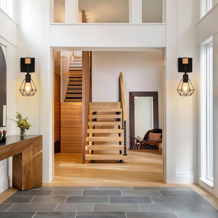 Picture of Wall Lights Indoor, Vintage Wood Lamp Black Brown, E27 Sconce Lights, Industrial Wall Mounted Lights Fittings, Rustic Lighting Fixtures for Living Room Bedrooms Hallway Stair 