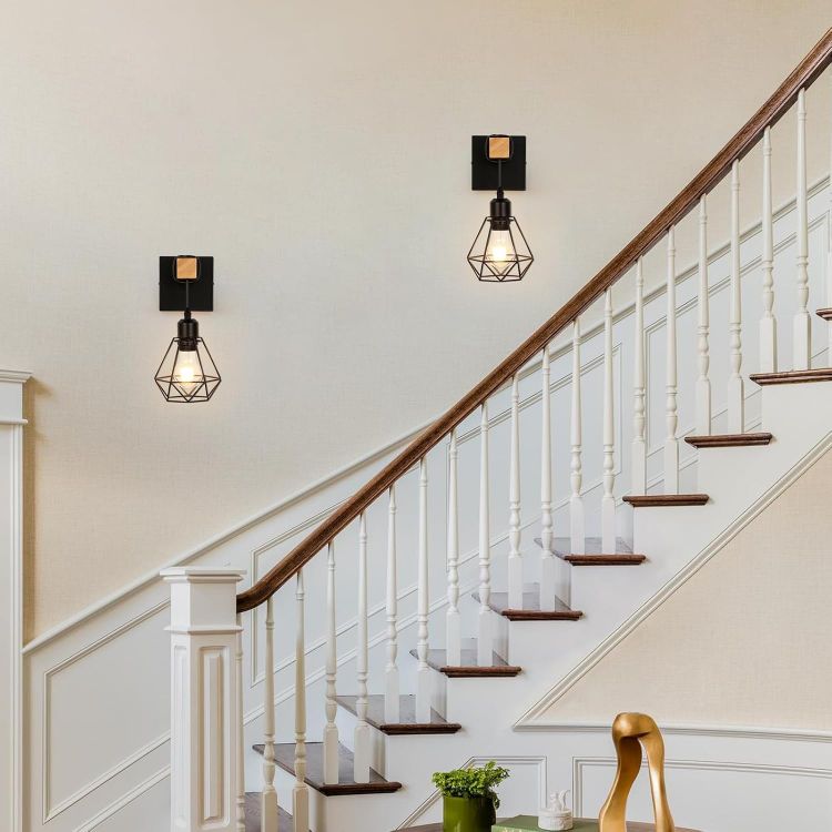 Picture of Wall Lights Indoor, Vintage Wood Lamp Black Brown, E27 Sconce Lights, Industrial Wall Mounted Lights Fittings, Rustic Lighting Fixtures for Living Room Bedrooms Hallway Stair 