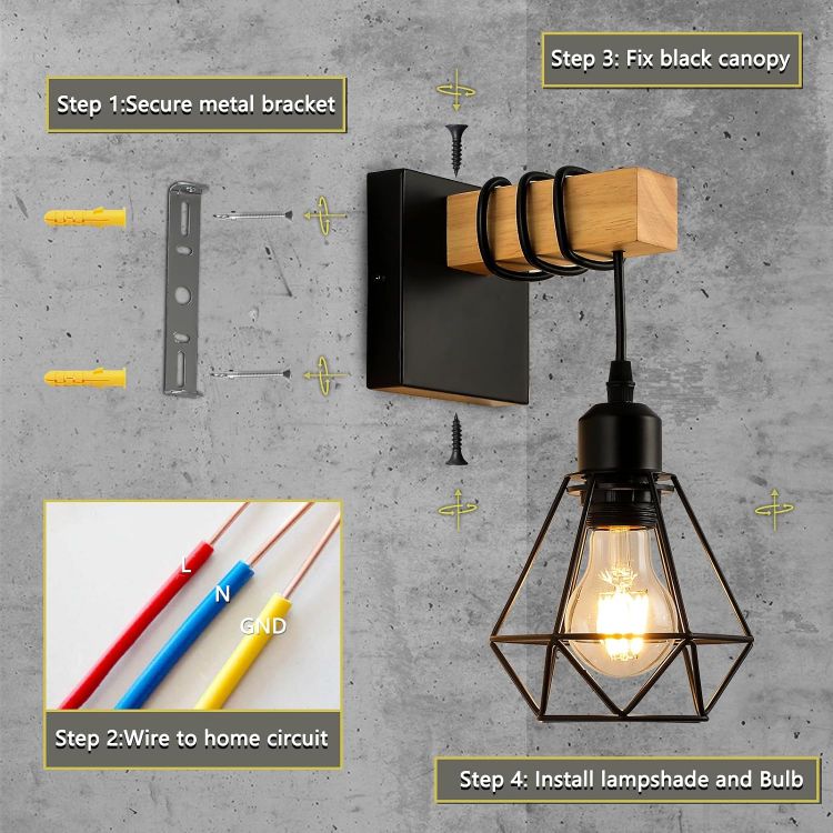 Picture of Wall Lights Indoor, Vintage Wood Lamp Black Brown, E27 Sconce Lights, Industrial Wall Mounted Lights Fittings, Rustic Lighting Fixtures for Living Room Bedrooms Hallway Stair 