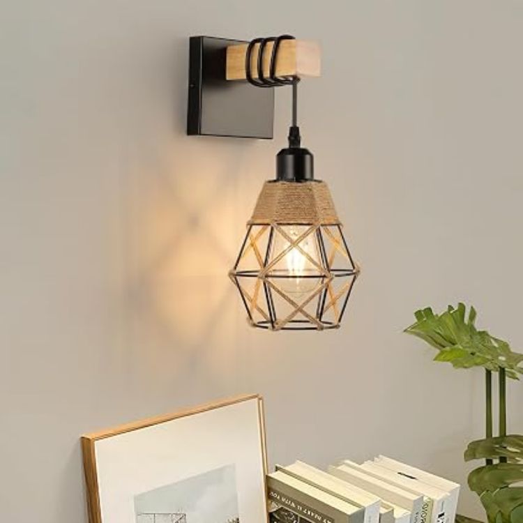 Picture of Wall Lights Indoor, Vintage Wood Lamp Black Brown, E27 Sconce Lights, Industrial Wall Mounted Lights Fittings, Rustic Lighting Fixtures for Living Room Bedrooms Hallway Stair 