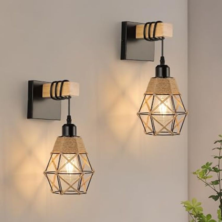 Picture of Wall Lights Indoor, Vintage Wood Lamp Black Brown, E27 Sconce Lights, Industrial Wall Mounted Lights Fittings, Rustic Lighting Fixtures for Living Room Bedrooms Hallway Stair 