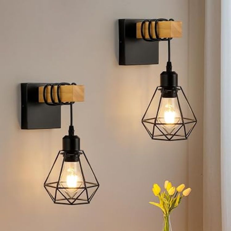 Picture of Wall Lights Indoor, Vintage Wood Lamp Black Brown, E27 Sconce Lights, Industrial Wall Mounted Lights Fittings, Rustic Lighting Fixtures for Living Room Bedrooms Hallway Stair 