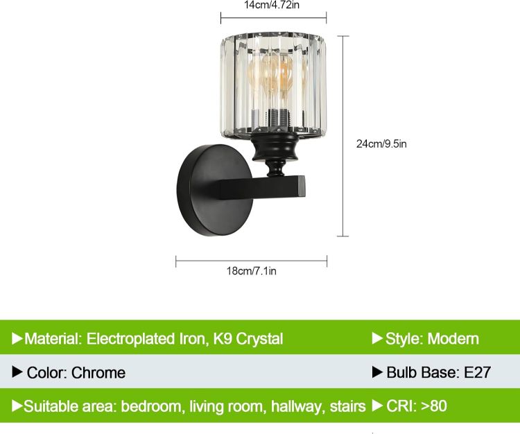 Picture of Modern Crystal Wall Light, E27 Black Crystal Wall Sconce Lamp  Wall Lighting Fixture For Bedroom, Living Room And Hallway With Elegant Crystal Design