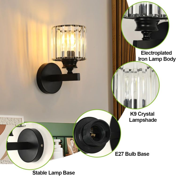 Picture of Modern Crystal Wall Light, E27 Black Crystal Wall Sconce Lamp  Wall Lighting Fixture For Bedroom, Living Room And Hallway With Elegant Crystal Design