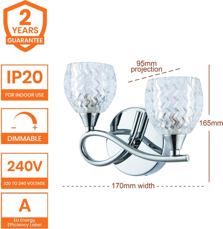 Picture of Decorative Wall Light – Dimmable Indoor Home Lights – Internal Wall Light with Patterned Glass – Led Sconce 33W Twin Wall Lamp – IP20 Rated Hallway Lamp – G9 Crystal Lampshade – Chrome 