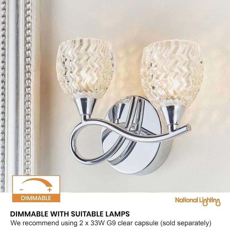 Picture of Decorative Wall Light – Dimmable Indoor Home Lights – Internal Wall Light with Patterned Glass – Led Sconce 33W Twin Wall Lamp – IP20 Rated Hallway Lamp – G9 Crystal Lampshade – Chrome 