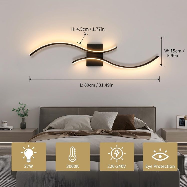 Picture of Modern LED Wall Lights Indoor, 27W LED Wall Light Warm White 3000K  80CM Long Wall Sconce for Bedroom Living Room Dining Room Corridor Hallway (Black)