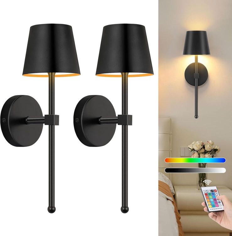 Picture of Battery Operated Wall Lights Set of 2, Rechargeable, Dimmable  Wireless Wall Sconces, RGB Color Changing, Touch or Remote Control, for Bedroom, Living Room, Hallway, Staircase, Black