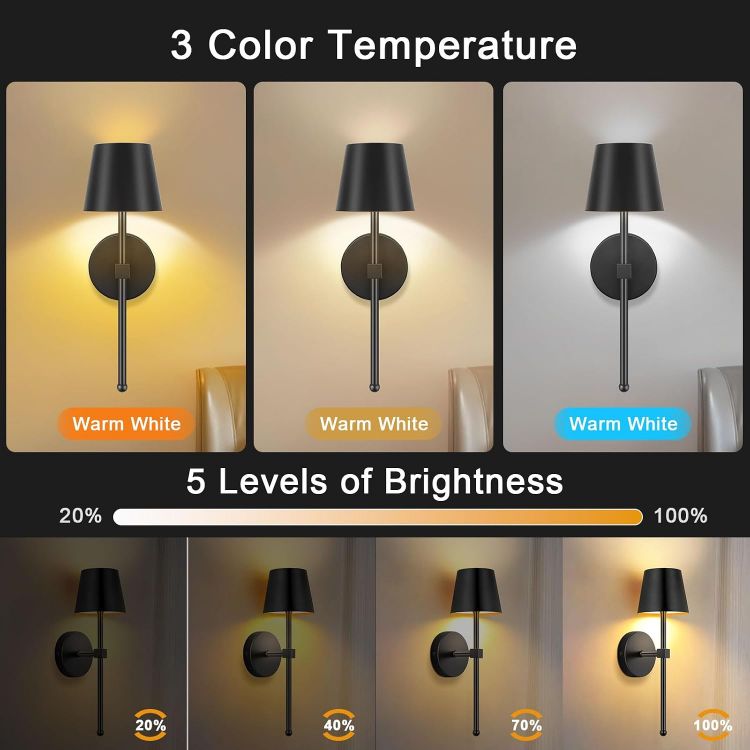 Picture of Battery Operated Wall Lights Set of 2, Rechargeable, Dimmable  Wireless Wall Sconces, RGB Color Changing, Touch or Remote Control, for Bedroom, Living Room, Hallway, Staircase, Black