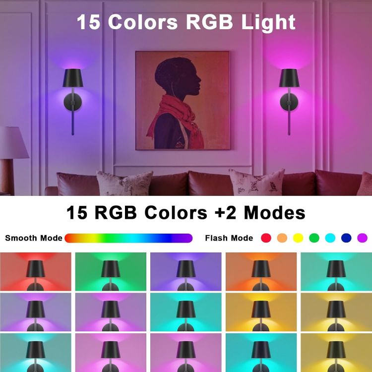 Picture of Battery Operated Wall Lights Set of 2, Rechargeable, Dimmable  Wireless Wall Sconces, RGB Color Changing, Touch or Remote Control, for Bedroom, Living Room, Hallway, Staircase, Black