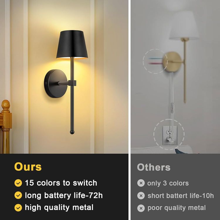 Picture of Battery Operated Wall Lights Set of 2, Rechargeable, Dimmable  Wireless Wall Sconces, RGB Color Changing, Touch or Remote Control, for Bedroom, Living Room, Hallway, Staircase, Black