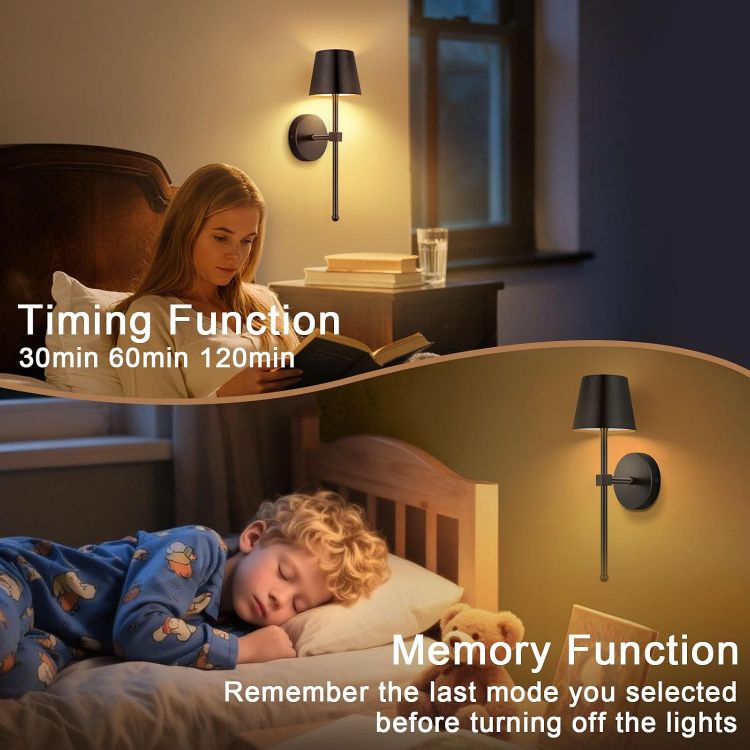 Picture of Battery Operated Wall Lights Set of 2, Rechargeable, Dimmable  Wireless Wall Sconces, RGB Color Changing, Touch or Remote Control, for Bedroom, Living Room, Hallway, Staircase, Black