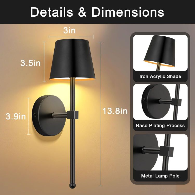 Picture of Battery Operated Wall Lights Set of 2, Rechargeable, Dimmable  Wireless Wall Sconces, RGB Color Changing, Touch or Remote Control, for Bedroom, Living Room, Hallway, Staircase, Black