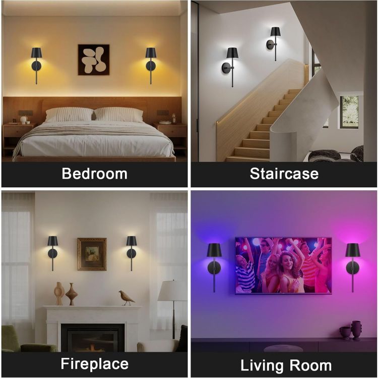 Picture of Battery Operated Wall Lights Set of 2, Rechargeable, Dimmable  Wireless Wall Sconces, RGB Color Changing, Touch or Remote Control, for Bedroom, Living Room, Hallway, Staircase, Black