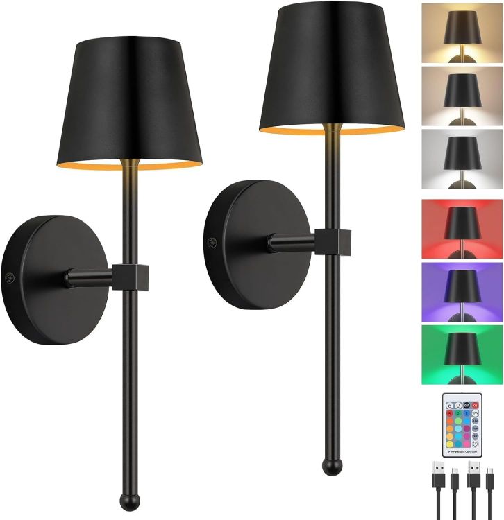 Picture of Battery Operated Wall Lights Set of 2, Rechargeable, Dimmable  Wireless Wall Sconces, RGB Color Changing, Touch or Remote Control, for Bedroom, Living Room, Hallway, Staircase, Black