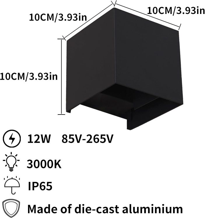 Picture of LED Wall Light Mains Powered 2pack,12W Up and Down Adjustable Beam 3000K Warm White Lights,Outdoor/Indoor IP65 Black Square Aluminium for Front Door,Garage,Porch,Living Room