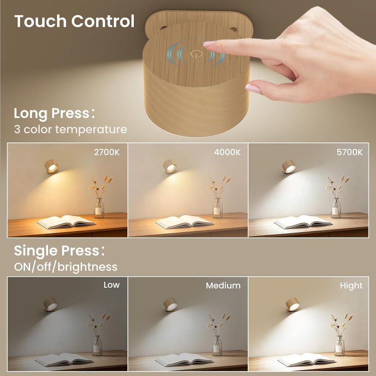 Picture of Battery Operated Wall Light, 1Pack LED Wall Lamp with 360°Adjustable Lighting Indoor Wall Light with 3 Color Modes 3 Brightness Levels Touch Control, Wall Mounted Lamp for Bedroom Reading Bedside