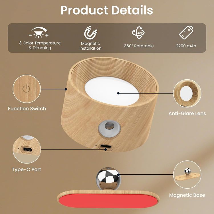 Picture of Battery Operated Wall Light, 1Pack LED Wall Lamp with 360°Adjustable Lighting Indoor Wall Light with 3 Color Modes 3 Brightness Levels Touch Control, Wall Mounted Lamp for Bedroom Reading Bedside