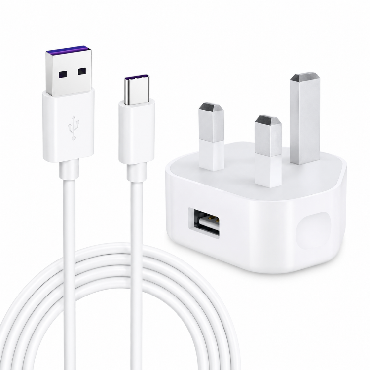 Picture of UK 3‑Pin USB Mains Charger Adapter – White Wall Plug
