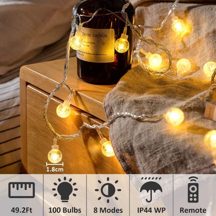 Picture of Globe Fairy Lights, 15M/49ft 100 LED Globe String Lights with Remote - USB or Battery Powered - 8 Modes - Outdoor Indoor String Fairy Lights for Christmas, Balcony, Gazebo, Garden, Camping