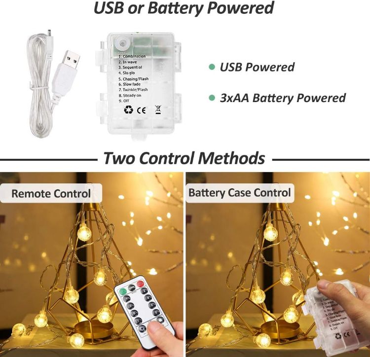 Picture of Globe Fairy Lights, 15M/49ft 100 LED Globe String Lights with Remote - USB or Battery Powered - 8 Modes - Outdoor Indoor String Fairy Lights for Christmas, Balcony, Gazebo, Garden, Camping