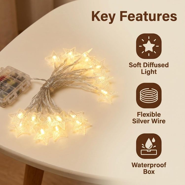 Picture of Star String Lights Battery Operated - 19 ft 60 LED Star Fairy String Lights with Timer, Waterproof for Indoor Bedroom Tent Loft Bed Patio Party Wedding Ramadan Decorations, Warm White