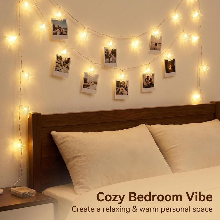 Picture of Star String Lights Battery Operated - 19 ft 60 LED Star Fairy String Lights with Timer, Waterproof for Indoor Bedroom Tent Loft Bed Patio Party Wedding Ramadan Decorations, Warm White