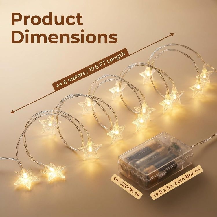 Picture of Star String Lights Battery Operated - 19 ft 60 LED Star Fairy String Lights with Timer, Waterproof for Indoor Bedroom Tent Loft Bed Patio Party Wedding Ramadan Decorations, Warm White