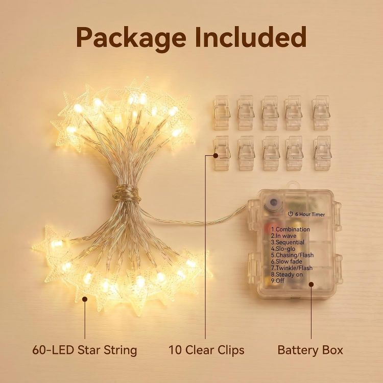 Picture of Star String Lights Battery Operated - 19 ft 60 LED Star Fairy String Lights with Timer, Waterproof for Indoor Bedroom Tent Loft Bed Patio Party Wedding Ramadan Decorations, Warm White