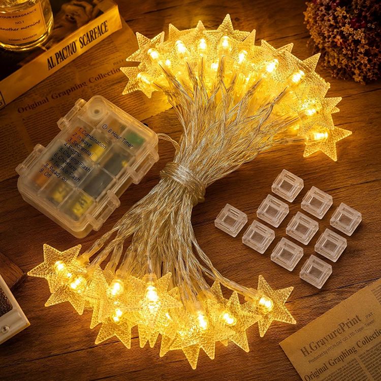 Picture of Star String Lights Battery Operated - 19 ft 60 LED Star Fairy String Lights with Timer, Waterproof for Indoor Bedroom Tent Loft Bed Patio Party Wedding Ramadan Decorations, Warm White
